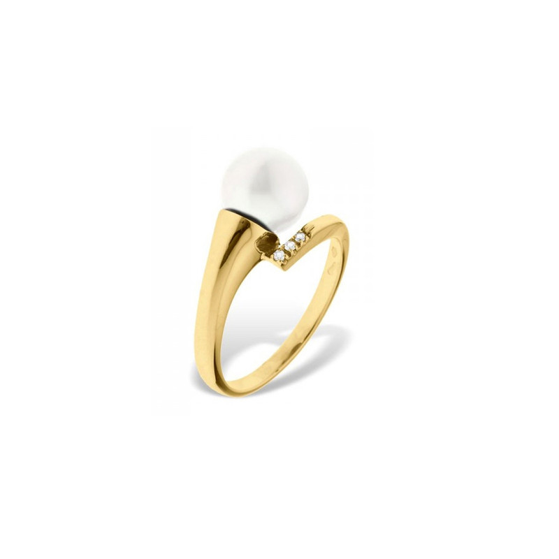 Bague Perle de Culture d'eau douce Blanche, Diamants et Or jaune 375/1000