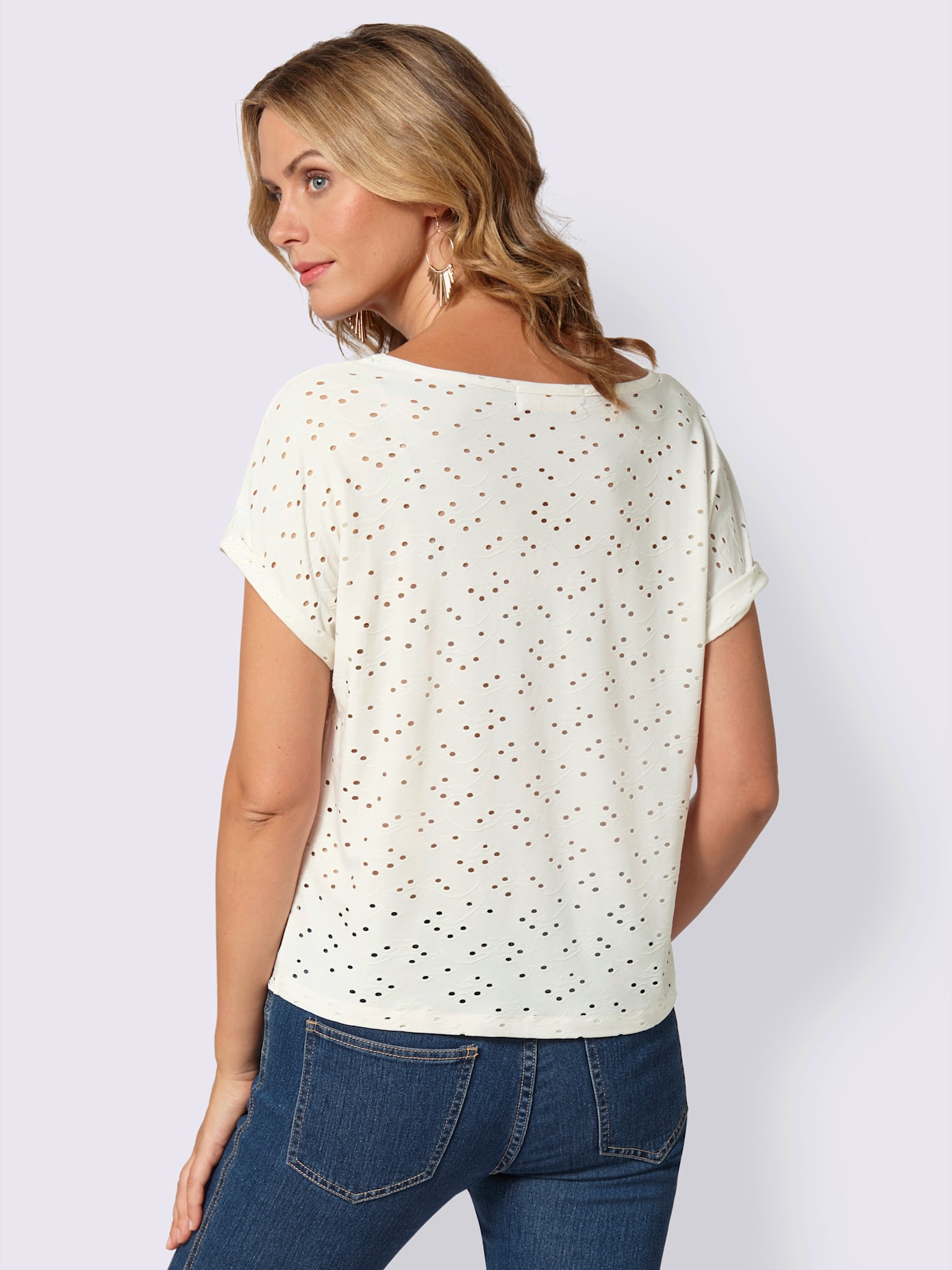 T-shirt élégant motif pois ajourés nœud ourlet
