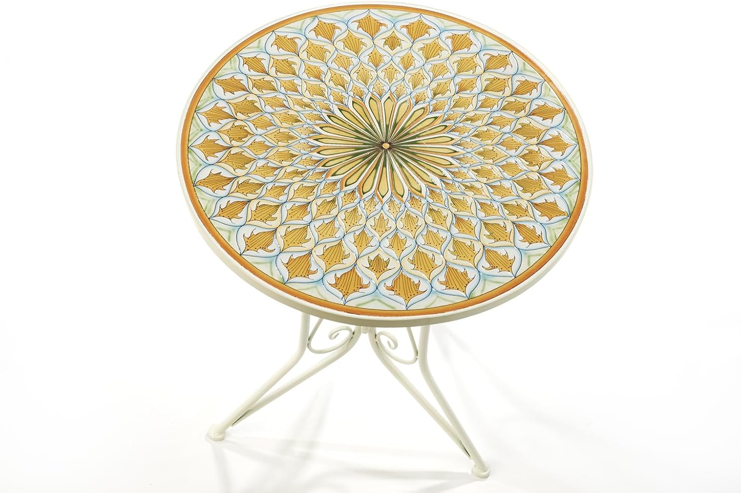 Kobolo Tischgruppe MOSAIKOPTIK | 3-teilig | weißer Metalltisch mit 2 passenden Klappstühlen | stilvolles Bistro-Set für Garten, Balkon, Terrasse | Gartenmöbelset im mediterranen Landhausstil