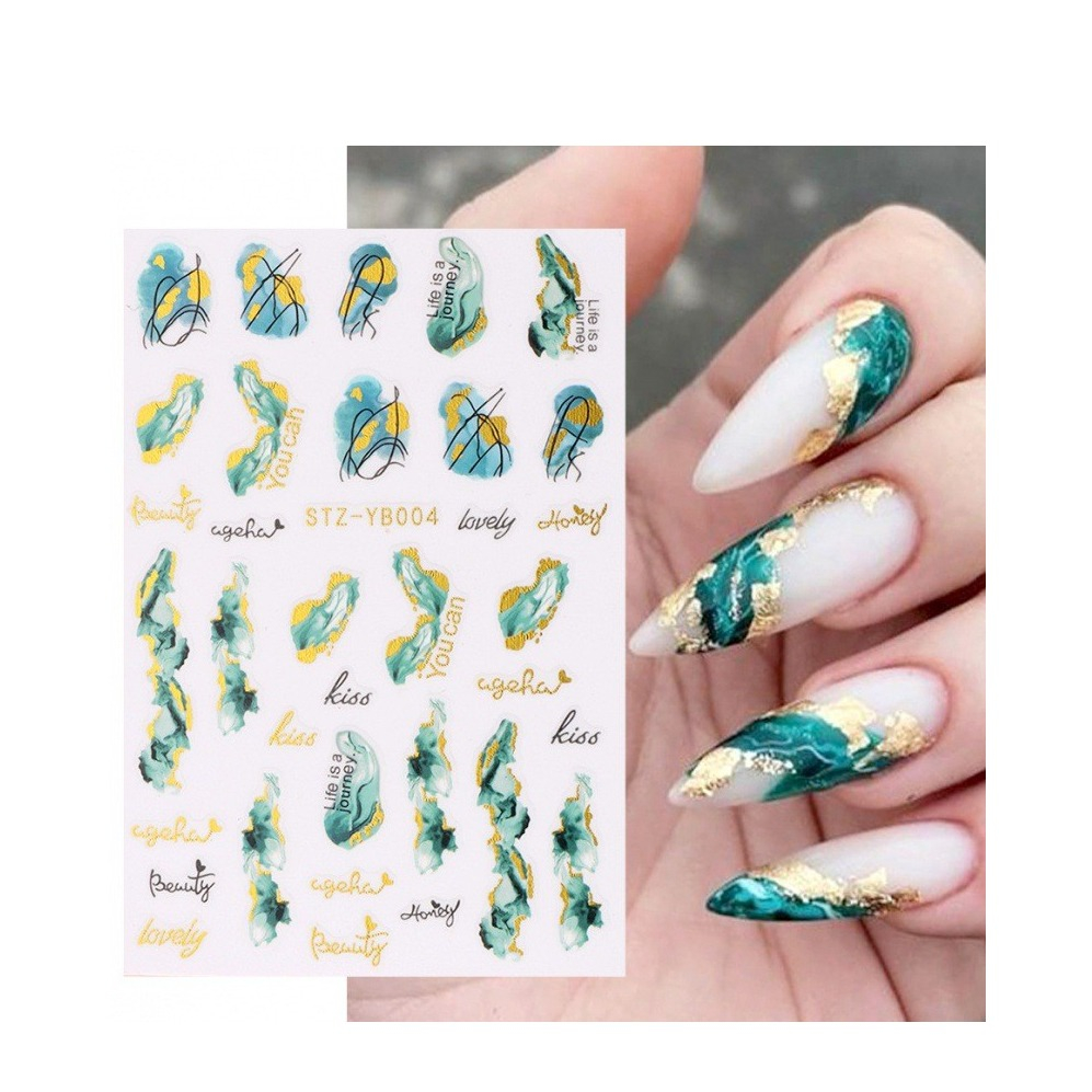 (34-tlg. Set) Nail Art Nagelsticker Nagel Tattoo Aufkleber Selbstklebend Marble Muster - Grün / Gold