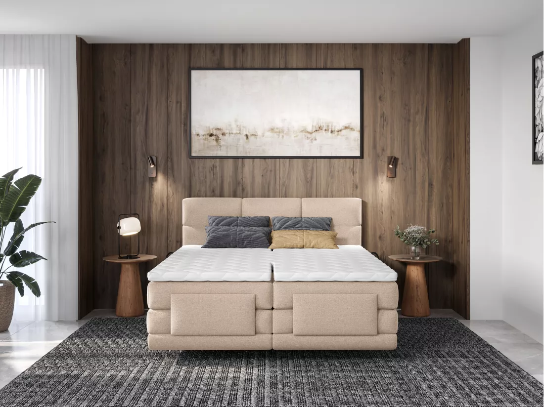 Ensemble complet boxspring tête de lit capitonnée + sommiers relaxation électrique + matelas + surmatelas - 2 x 80 x 200 cm - Tissu - Beige - LODI de PALACIO
