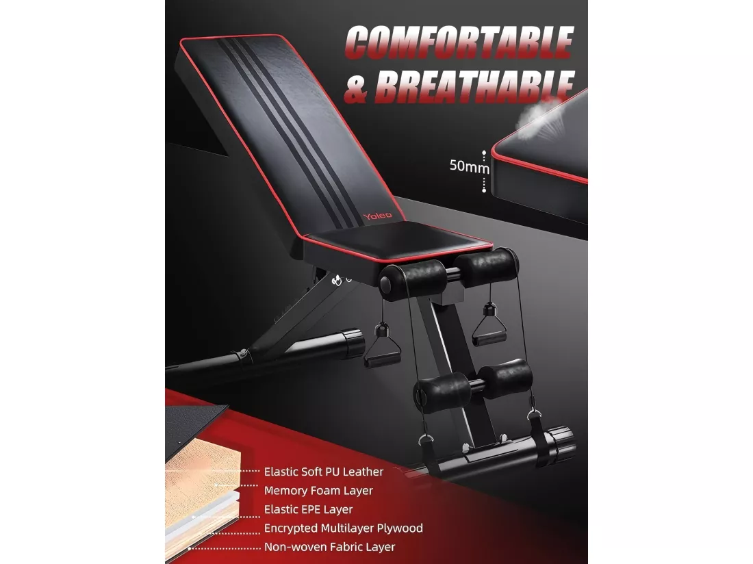 Banc de Musculation Dossier Réglable 7 Positions, 4 coussins presse-jambes, Banc Entraînement Complet du Corps en Métal, Charge 150KG