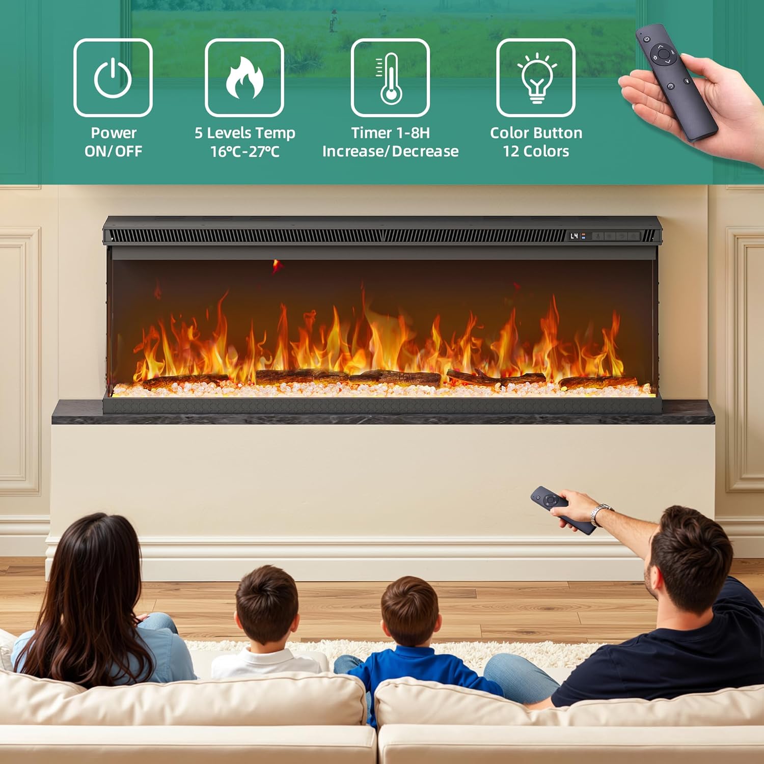 YITAHOME 102cm Elektrokamin mit Heizung, 3-in-1 Kamin Wand/Einbau/Stand mit Panoramaview, Elektrische Kamin mit LED-Flammeneffekt,12 Flammenfarben, Heizfunktion, Thermostat, Timer, Fernbedienung