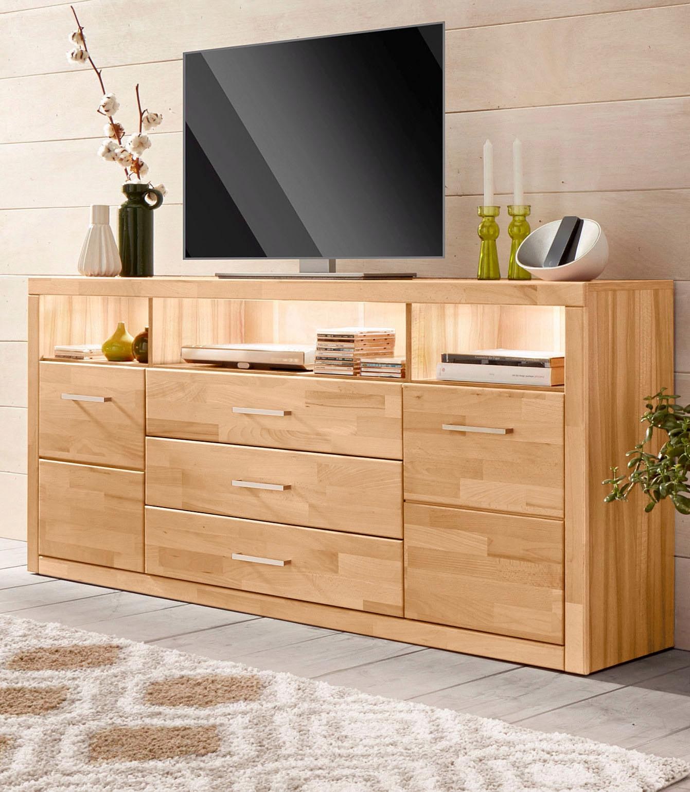 Home affaire Sideboard »Ribe,180cm breit, Fronten Massivholz,7 Fächer« Holz massiv, Holzwerkstoff, Metall Griffe,2Türen,3Schubladen