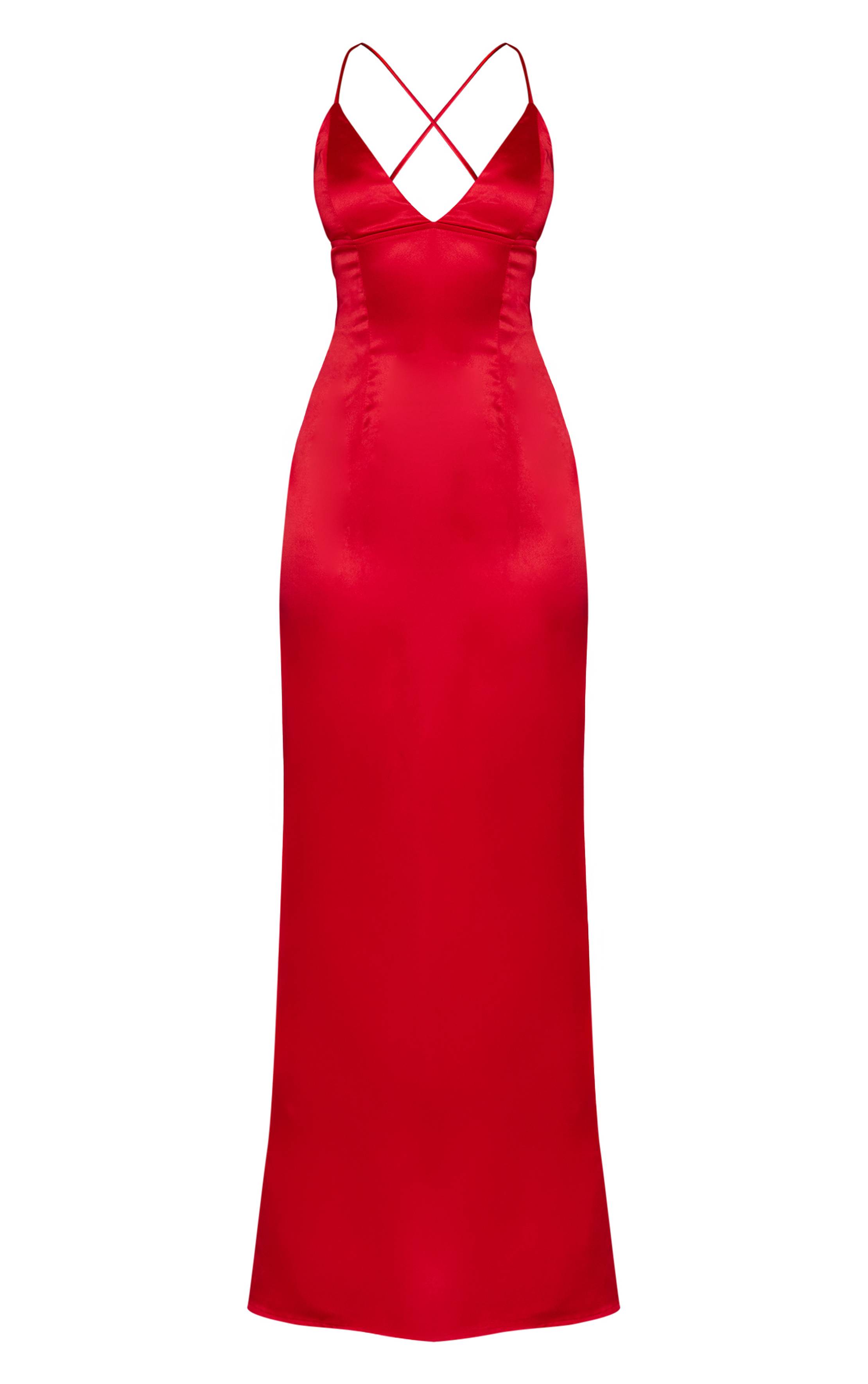 Rouge Robe Longue En Satin Avec Nœud Au Dos