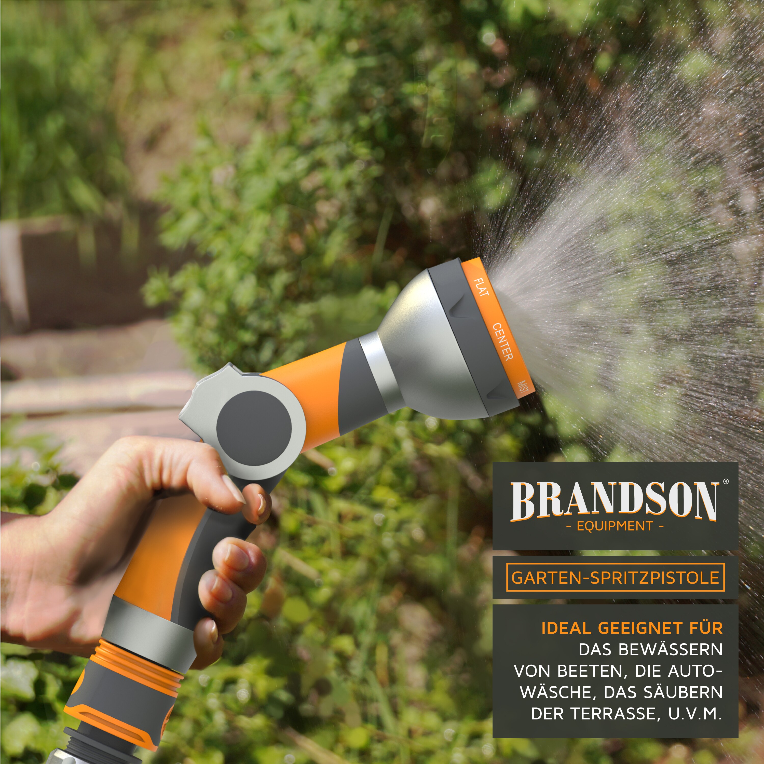 Brandson Gartenbrause 7 Sprühprofile - Garten Handbrause für Gartenschlauch - Pistolengriff mit Halteclip - 1-8 bar Wasserdruck - regelbar