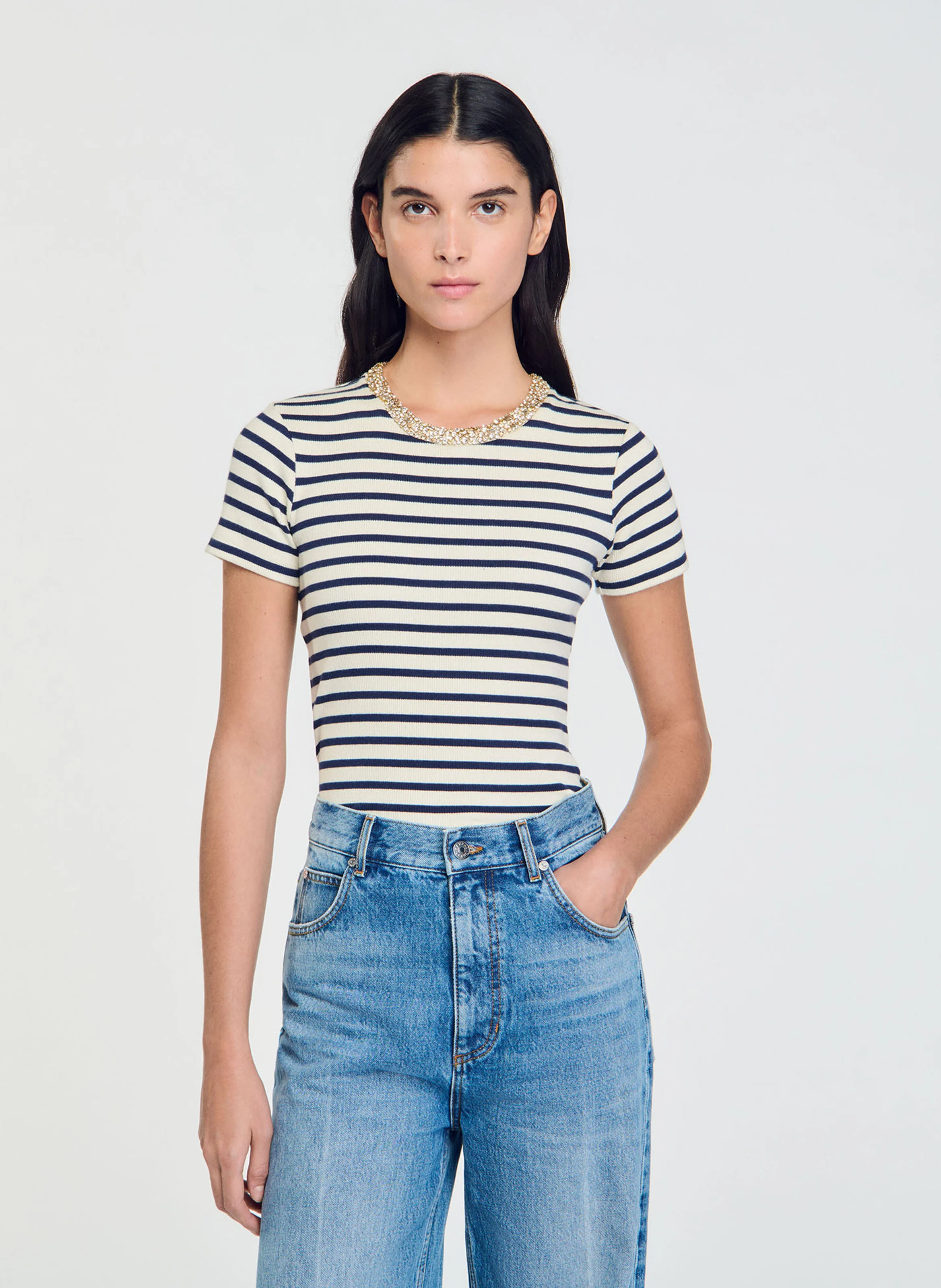 Tee-shirt ajusté en coton mélangé imprimé | Bleu
