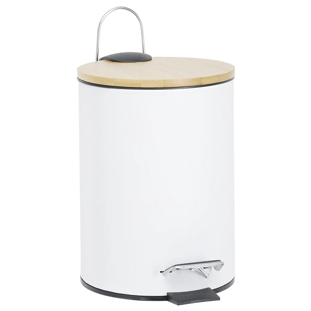 Poubelle salle de bain métal et bambou blanc