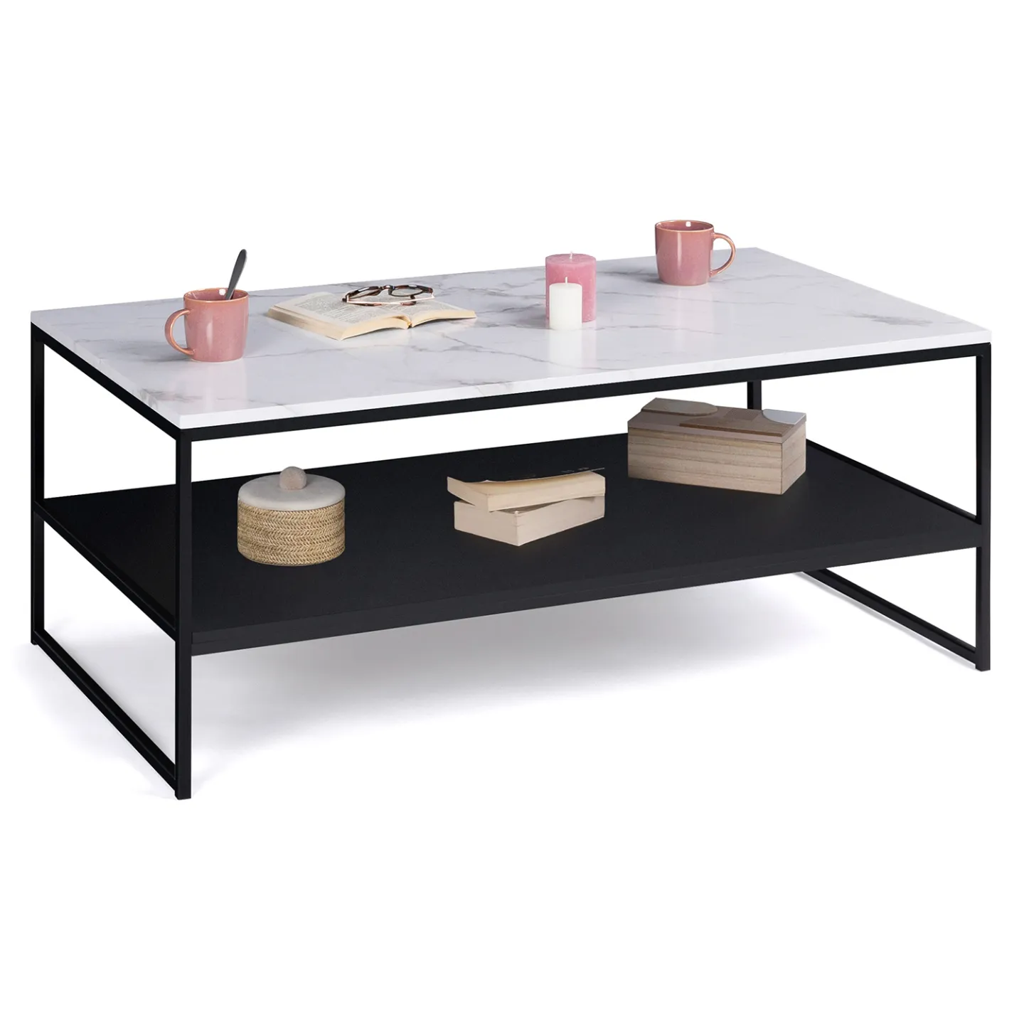 Table basse ALASKA double plateau effet marbre et noir pieds métal