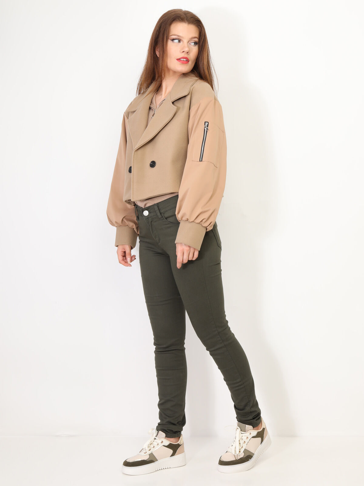 Veste courte croisée bi-matière- Camel