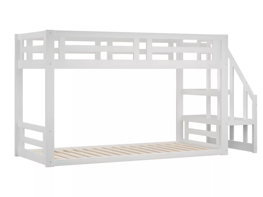 Lit mezzanine cabane avec escalier de rangement - 90x200cm - blanc - Sweiko