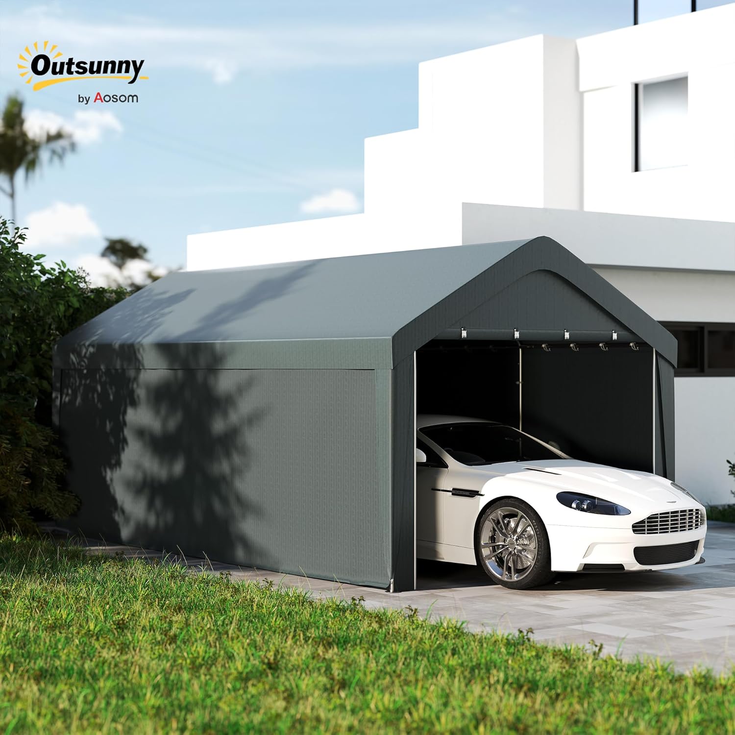 Outsunny Carport Garagenzelt 3 x 6 m, Outdoor-Carport, Lagerzelt mit abnehmbaren Seitenwänden und 2 aufrollbaren Reißverschlusstüren, für Auto, LKW, Boot, dunkelgrau