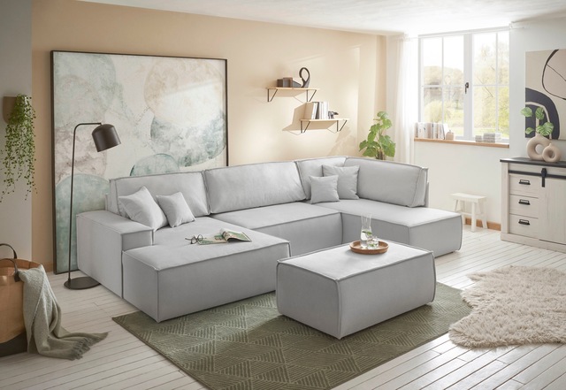 GOODproduct Wohnlandschaft »FINNLEY, U-Form XXL 329 cm, Schlafsofa, Schlaffunktion m. Bettkasten« verfügbar in den Stoffqualitäten Bouclé, Struktur fein und Mega Cord