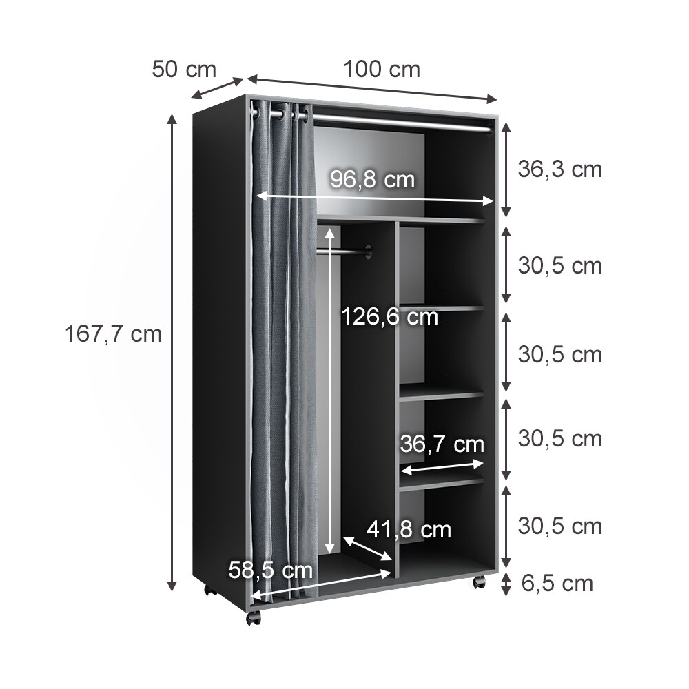 Vicco mobiler Kinderkleiderschrank Dielenschrank Garderobe Doros Grau modern 100 x 168 cm offen rollbar