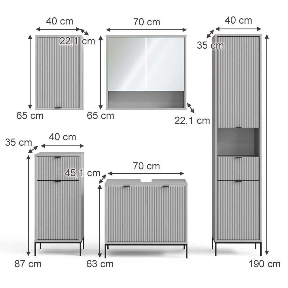 Vicco Badmöbel-Set Eliza, Grau, Badezimmer, moderne Badserie, extravagante Fronten, Waschtischunterschrank, Spiegelschrank, Midischrank, Hängeschrank, Hochschrank