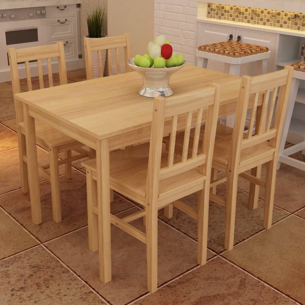 Eettafelset van hout met 4 stoelen, naturel