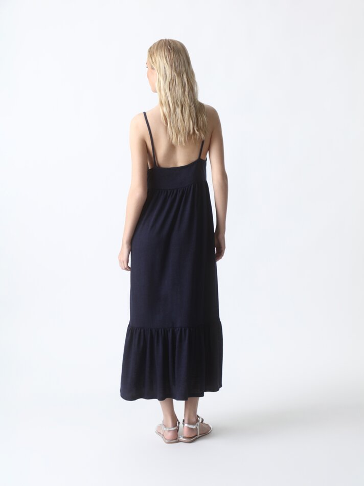 Vestido midi com alças finas e babado - Azul Marinho Escuro