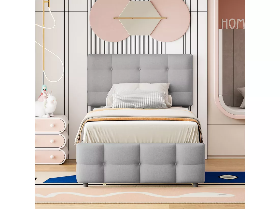 Lit gigogne 90x200cm+90x190cm, Lit capitonné d'enfant, lit extensible en lin avec sommier à lattes, tête de lit réglable, gris