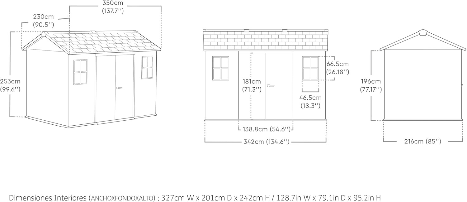 Keter Gerätehaus Oakland 1175, Grau, 15,3m³, Außenmaße B/T/H: 350 x 230 x 253 cm, Duotech Struktur, wetterfest, Doppeltür, Oberlicht und 2 Fenster, strapazierfähiger Schwerlastboden