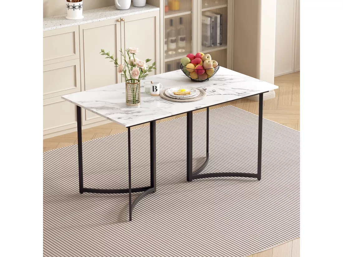 Table à manger rectangulaire 4 à 6 couverts - 140 x 80 x 75.5 cm - MDF et pièds en métal - Effet marbre - Blanc