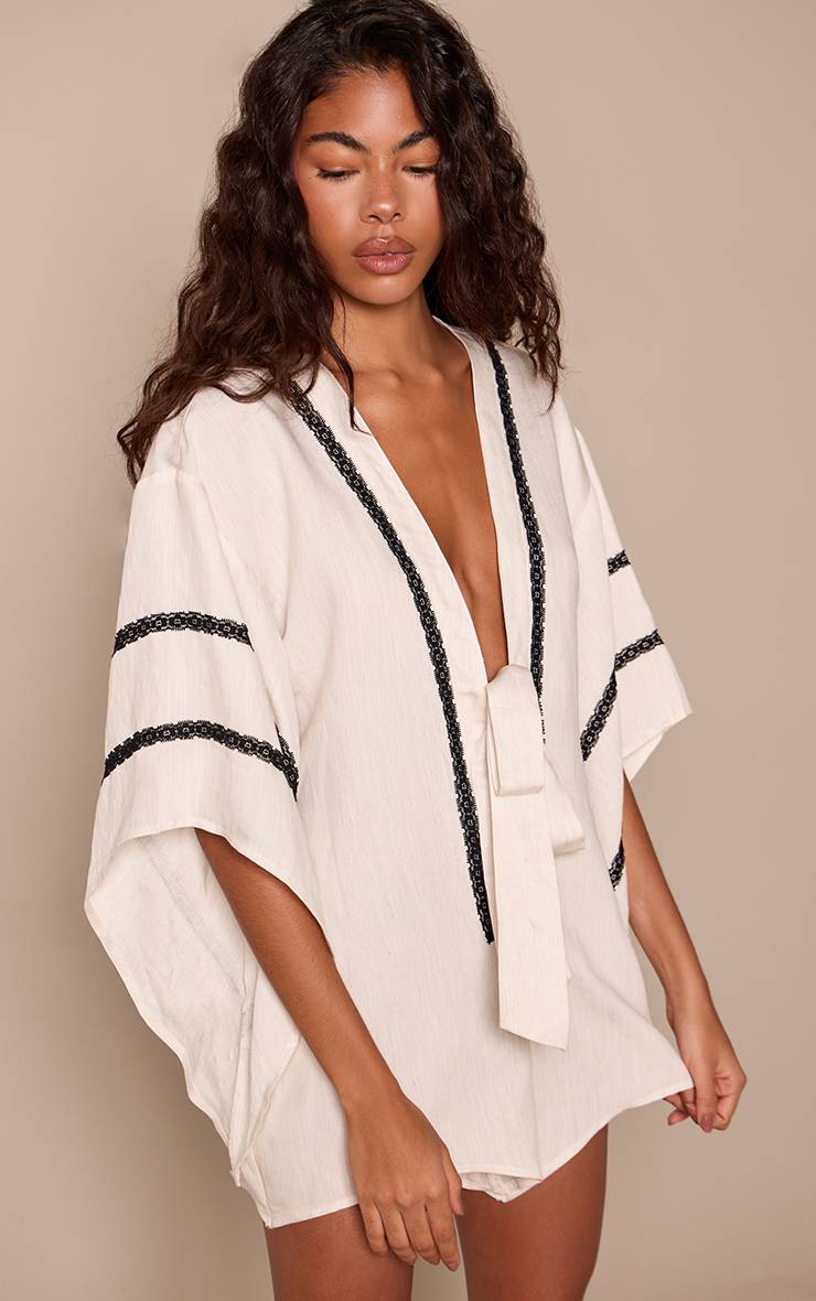 Crème Combi-short Vaporeux Aspect Lin Avec Nœud Devant