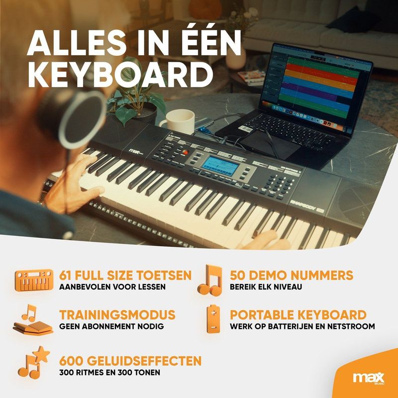 Keyboard piano met 61 toetsen - MAX Rhapsody61 keyboard voor beginners - Met gratis muzieklessen
