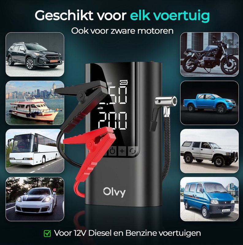Olvy - Jumpstarter - 12V - 1500A - 3-in-1 Starthulp met Compressor en Powerbank