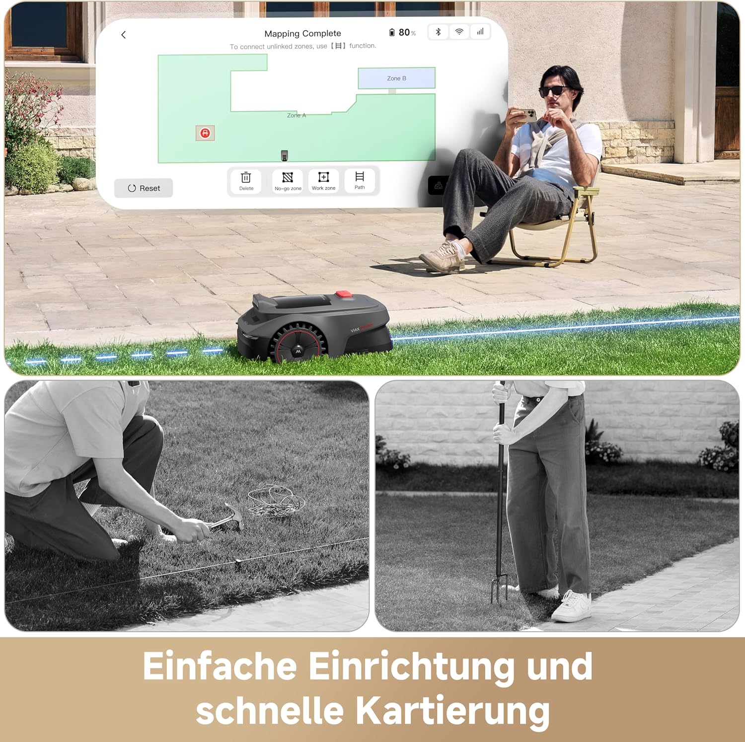 MOVA ViAX 250 Mähroboter Ohne Begrenzungskabel, Empf. 250m², KI-unterstützte Auto-Mapping, U-förmige Bahnen, Hindernisvermeidung Dual-Vision, Besserer Kantenschnitt, Für Komplexe Gelände, Appsteuerung