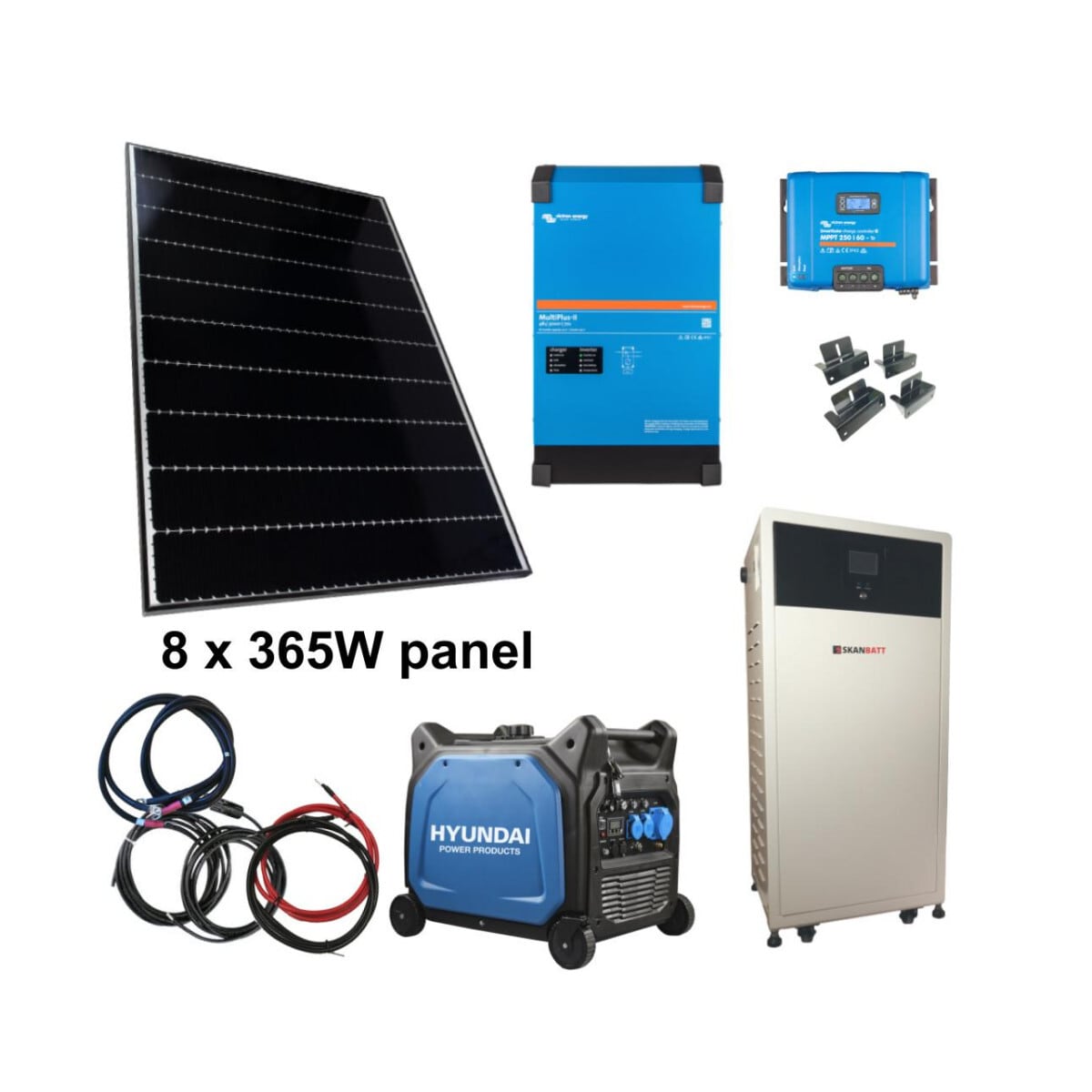SKANBATT / VICTRON Kraftpakke 230V 8000VA - 2680W (8x335W) Solceller - Med LITHIUM Batterier og HYUNDAI 6500W Aggregat