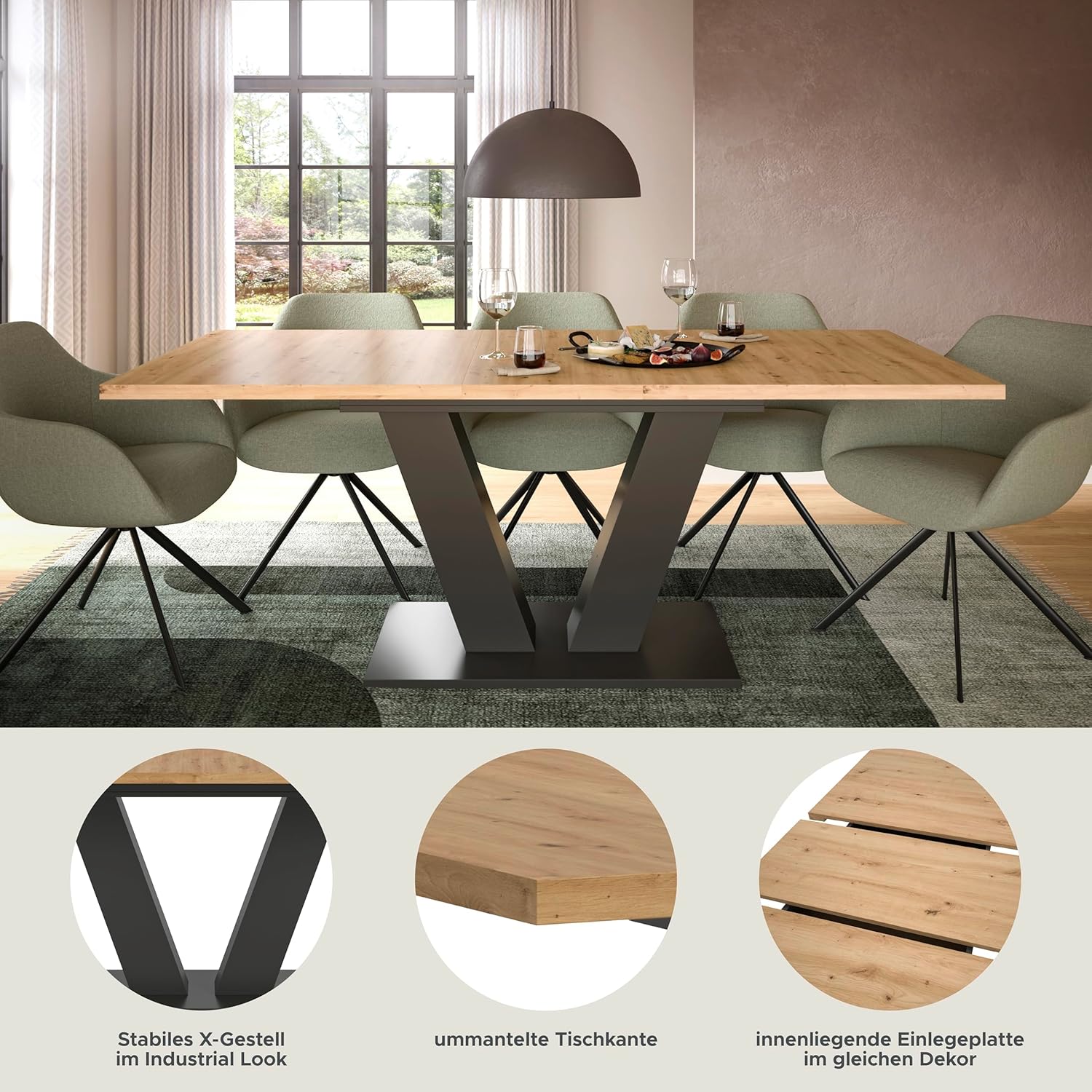 xonox.home - Esstisch Motion 150-190x76x90 cm in Artisan Eiche Nb mit V-Gestell in grau Nb - Esstisch Esszimmertisch Tisch Esszimmer - modern und funktional