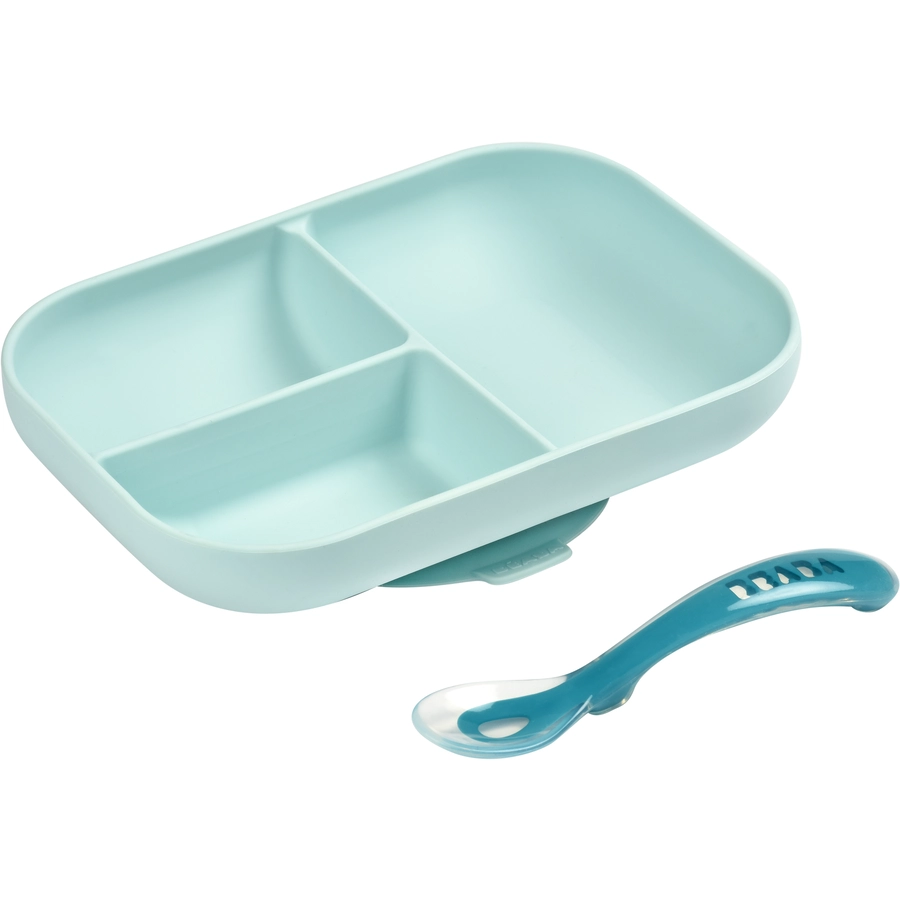 BEABA® Geteilter Silikonteller + Löffel 2. Altersstufe blau