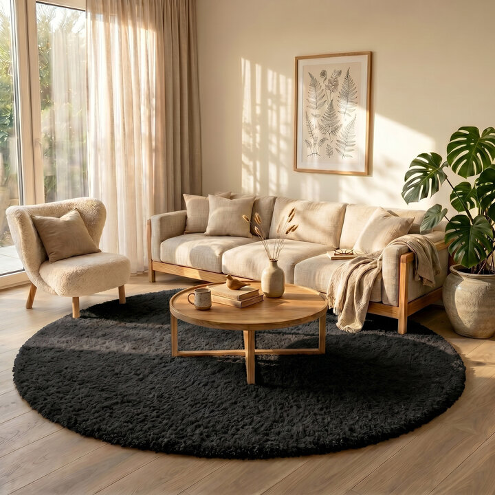 Rond Shaggy vloerkleed - Blaze Zwart | Luxe look!
