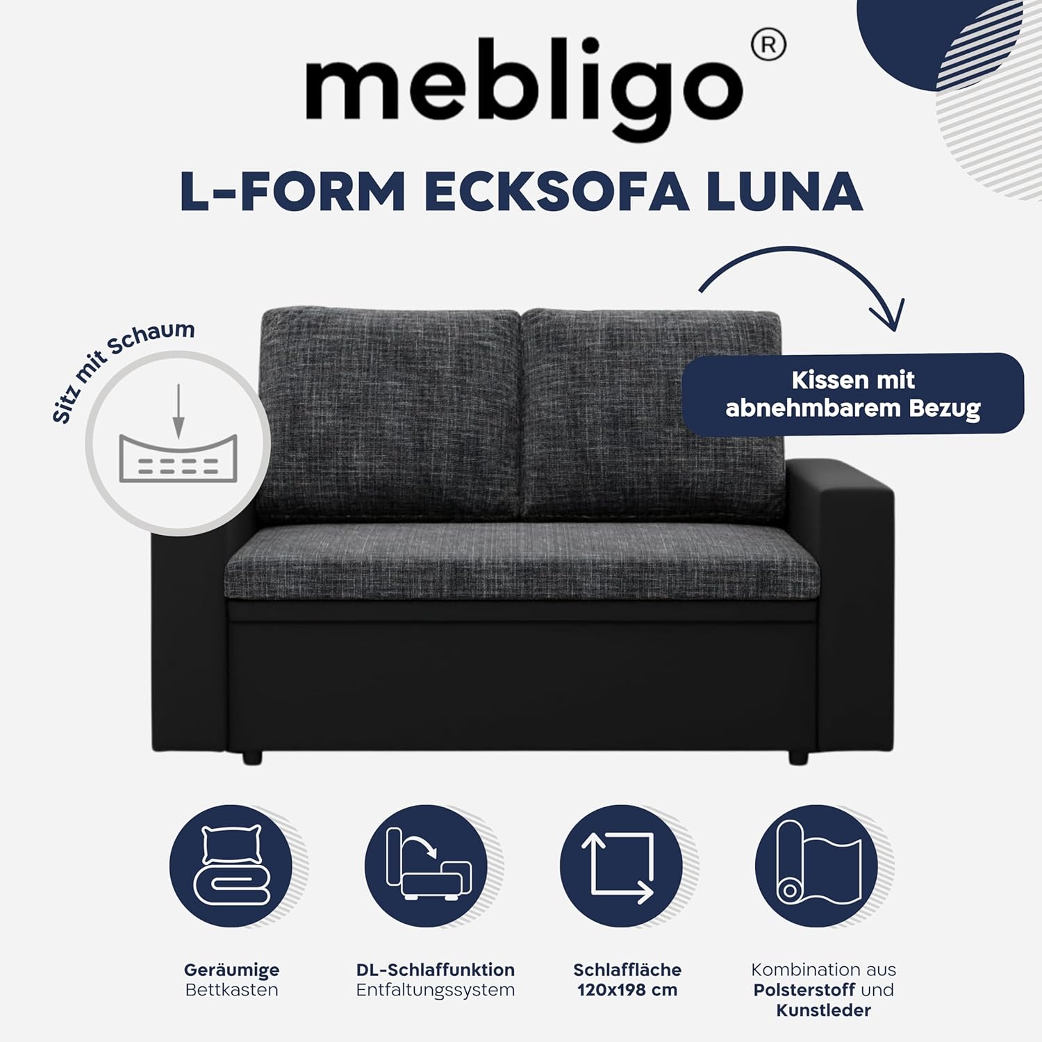 Mebligo - Zweisitzer Sofa Wohnzimmer mit Schlaffunktion, Bettkasten und Kunsteleder 148x90x87 (BxHxT) Dunkelgrau und Schwarz Luna, Schlafsofa Platzsparend, Schlafcouch, Sofabett, Sofa Bed, Bettsofa