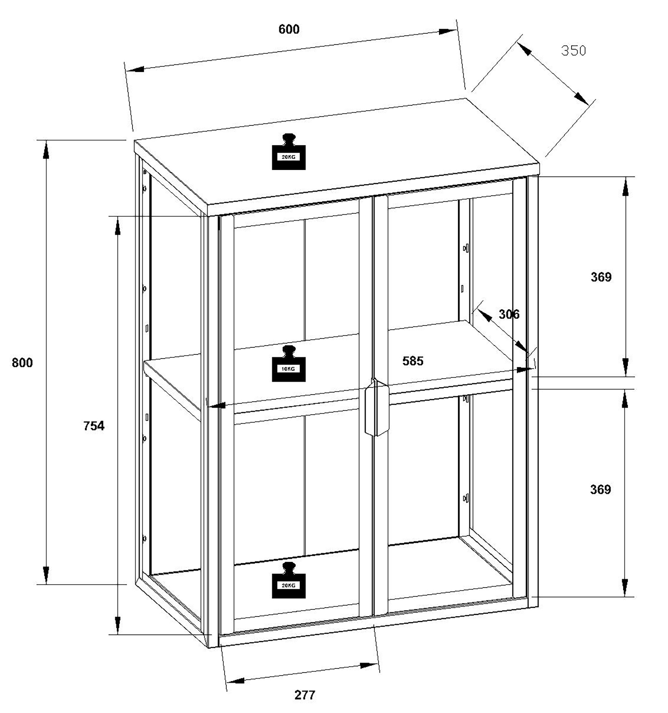 VCM Stahl Wandvitrine Hängevitrine Glasvitrine Wand Schaukasten Vitrine Glas 80x60x35 cm Flokas M