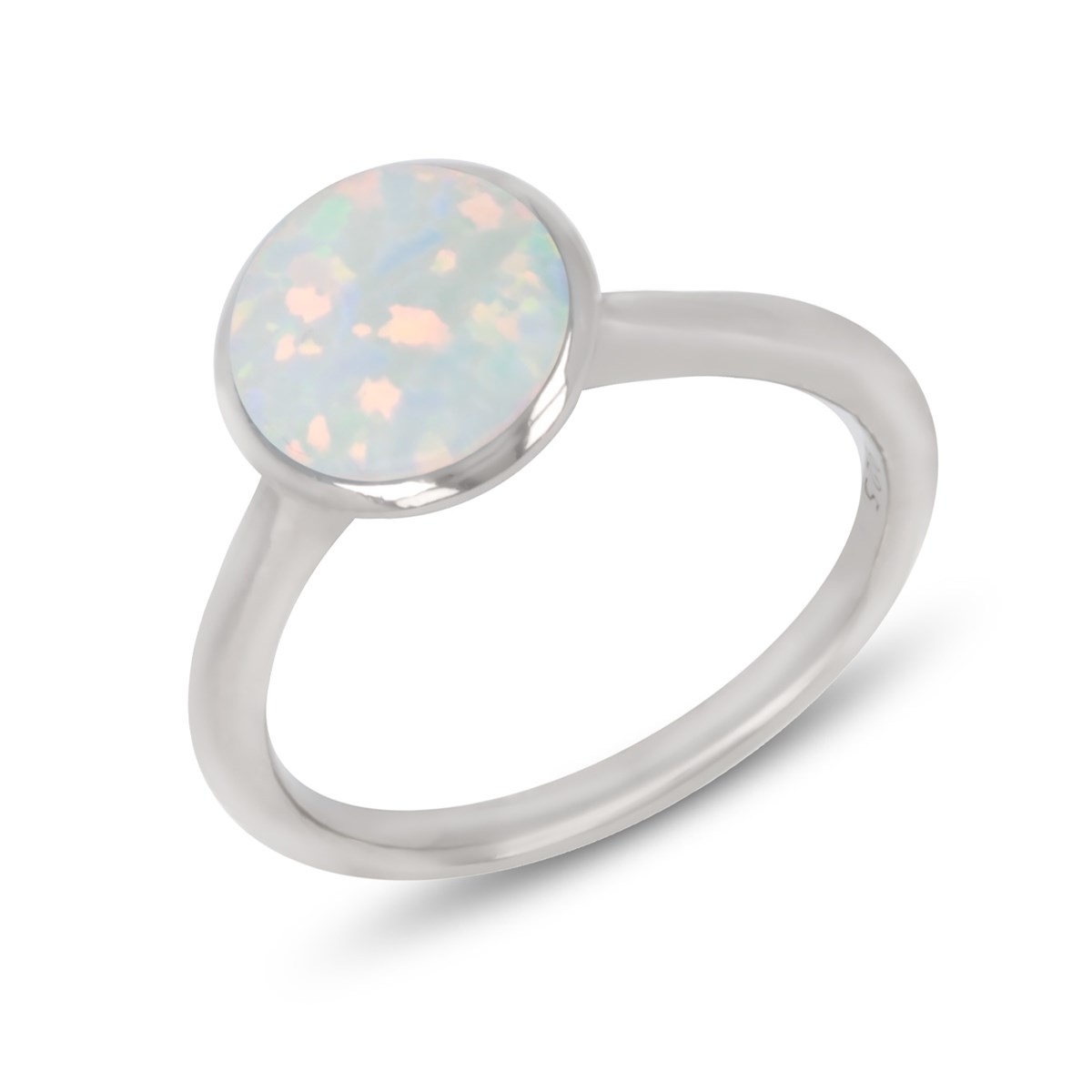 Bague argent rhodié cabochon d'opale blanche imitation forme ronde