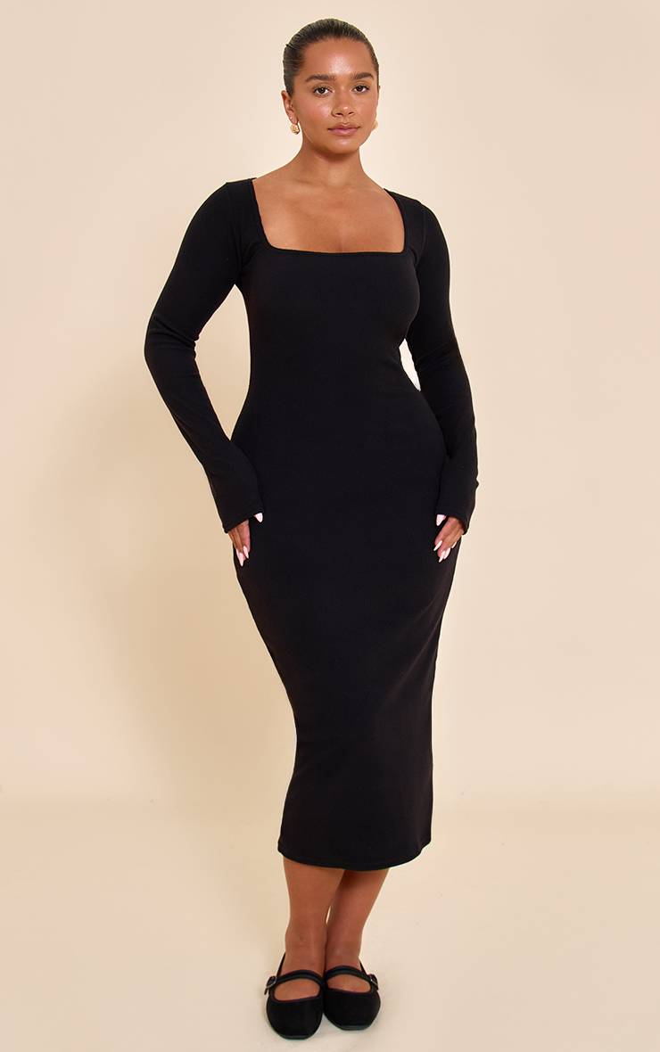 Noir Robe Maxi Moulante À Col Carré Et Manches Longues En Maille Côtelée Micro Shape