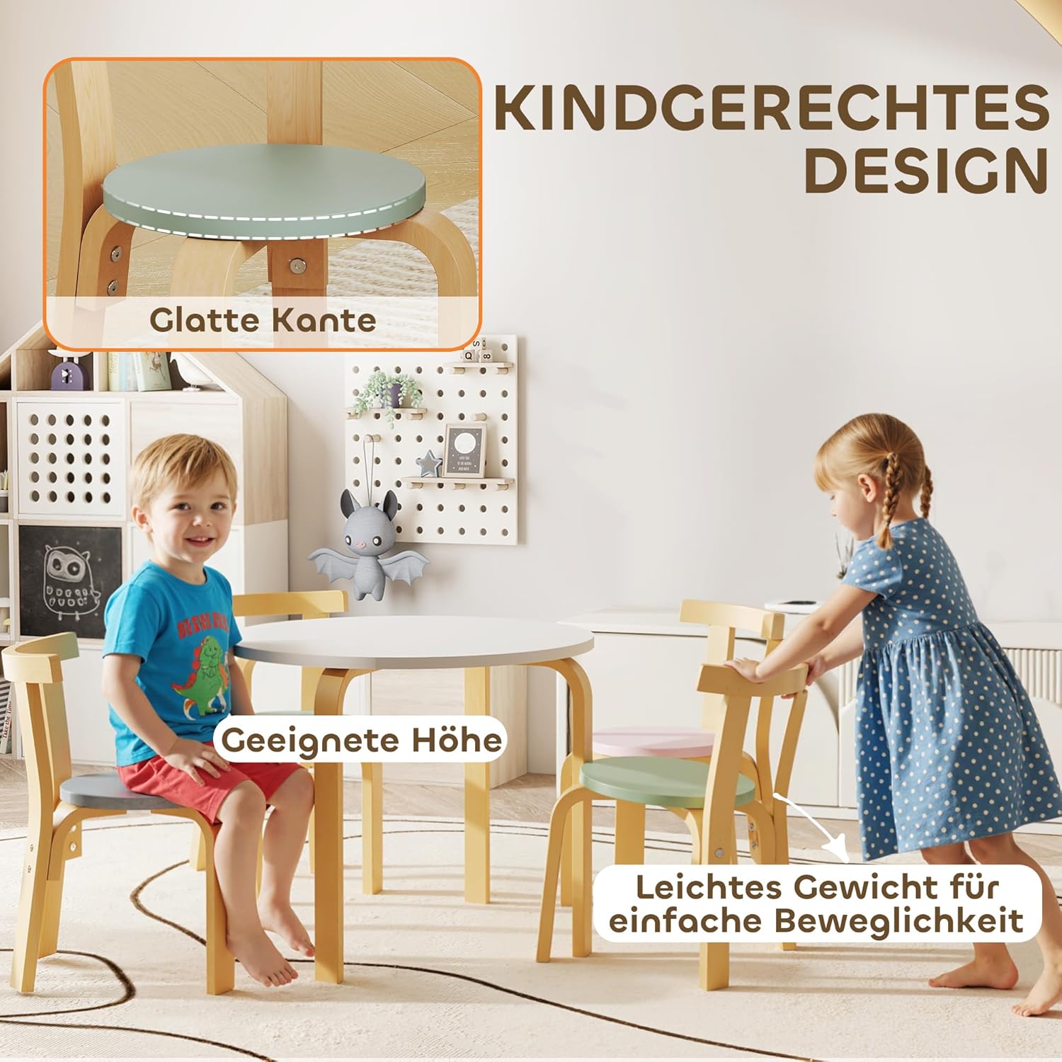 AIYAPLAY Kindertisch Holz mit 4 Stühlen 5-teilig Kinder Tisch Stuhl Set Kindersitzgruppe Sitzgruppe für Kinderzimmer, für 3-8 Jahre Kinder, Bunt