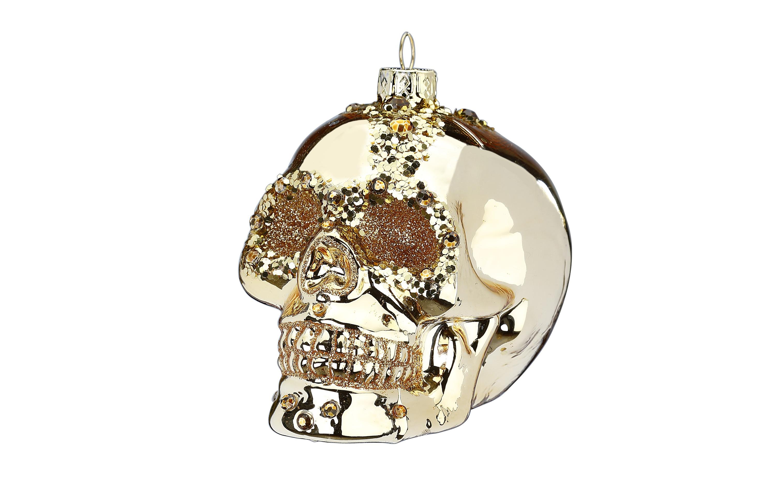 Weihnachtskugel Totenkopf 9 cm, 2 Stück, GoldChristbaumschmuck in Totenkopf-Form