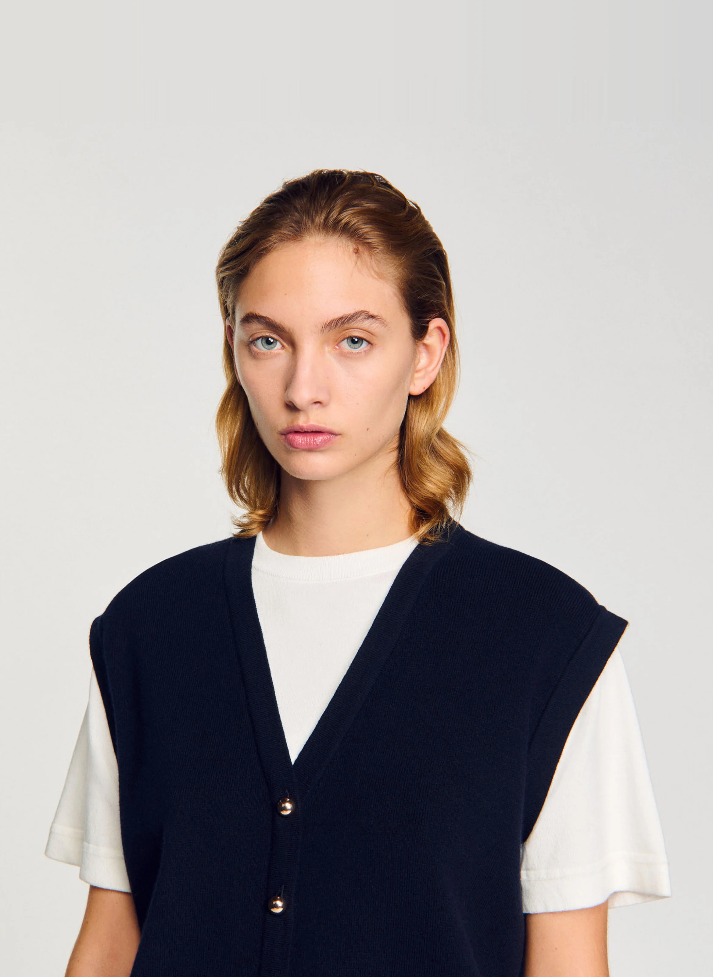 Pull bicolore court en laine mélangée | Bleu