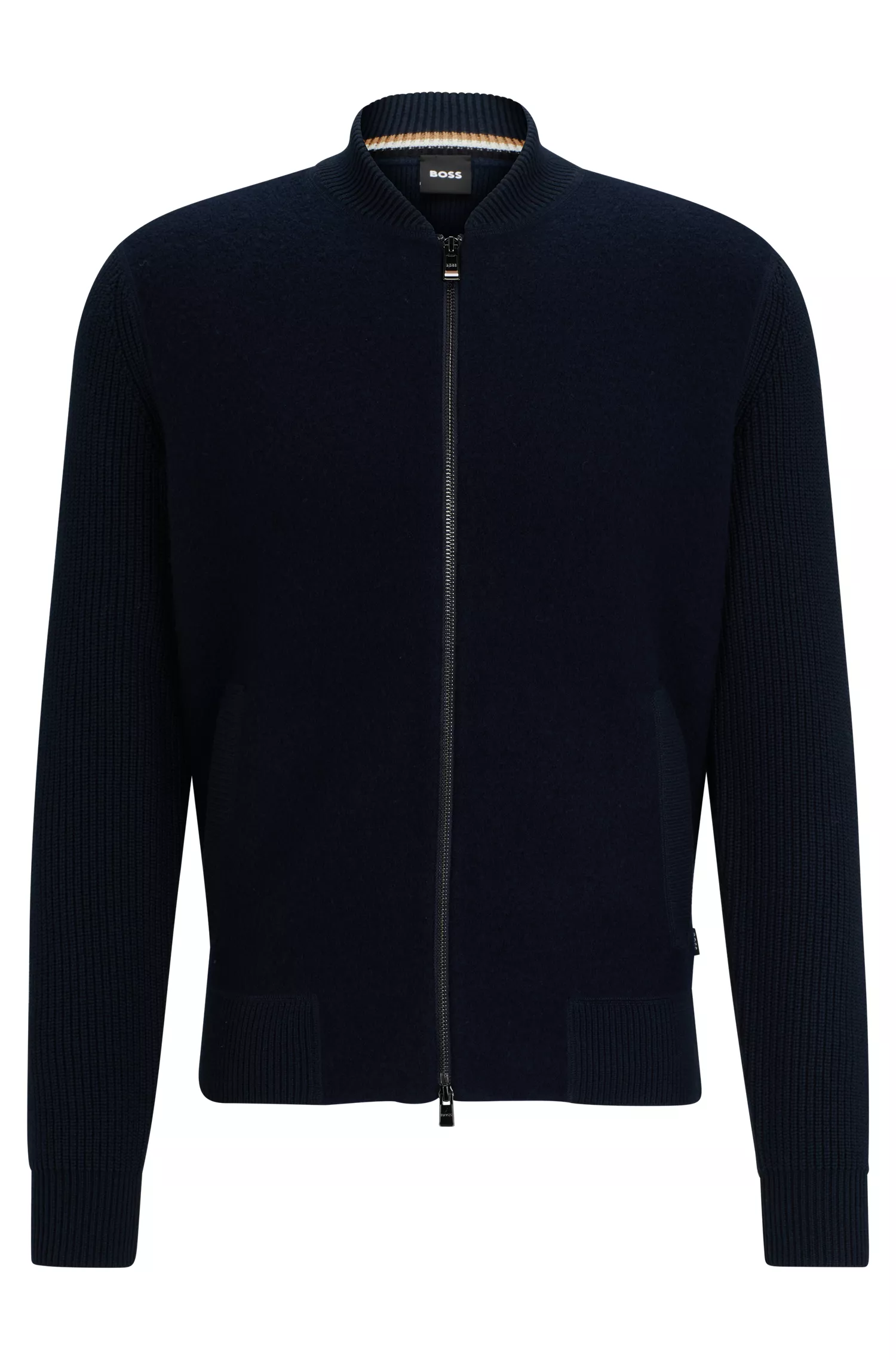 Cardigã BOSS estilo bomber preto com zíper, em lã e algodão.