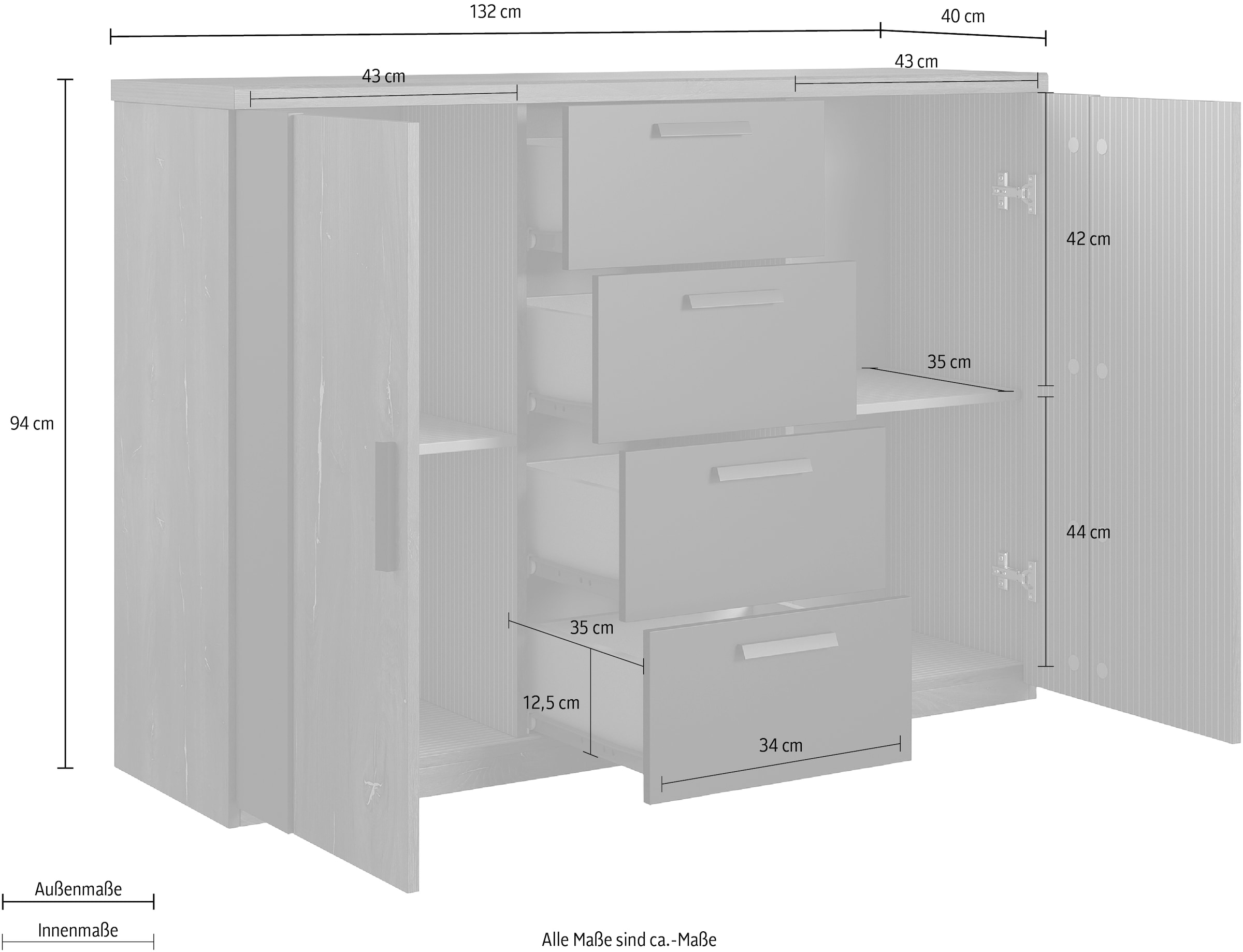 Home affaire Schubkastenkommode »Sigma, Breite 132 cm, moderne Schubladenkommode , Made in Europe« Kommode viel Stauraum, Einlegeböden verstellbar, Anrichte