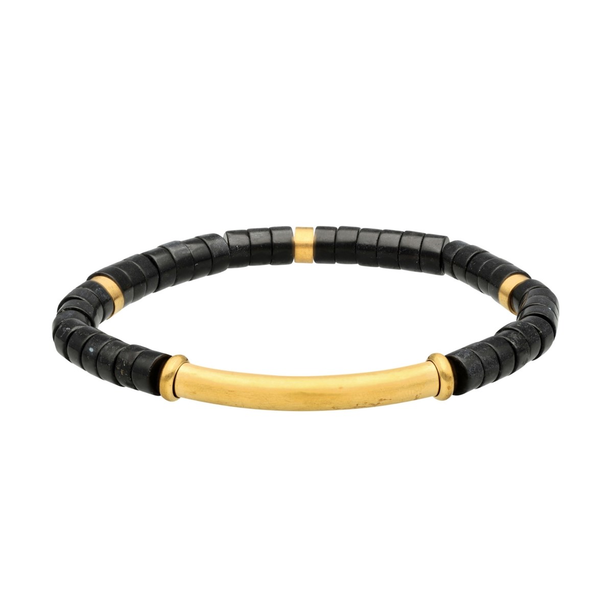 Bracelet Perles Heishi Pierres Naturelles Agate Noire Barre Acier Doré-XS-14cm