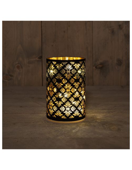 Anna's Collection Glazen Cylinder Kosmos - Kerstverlichting - 10x15 cm Zwart Goud 8 Led Warm Wit