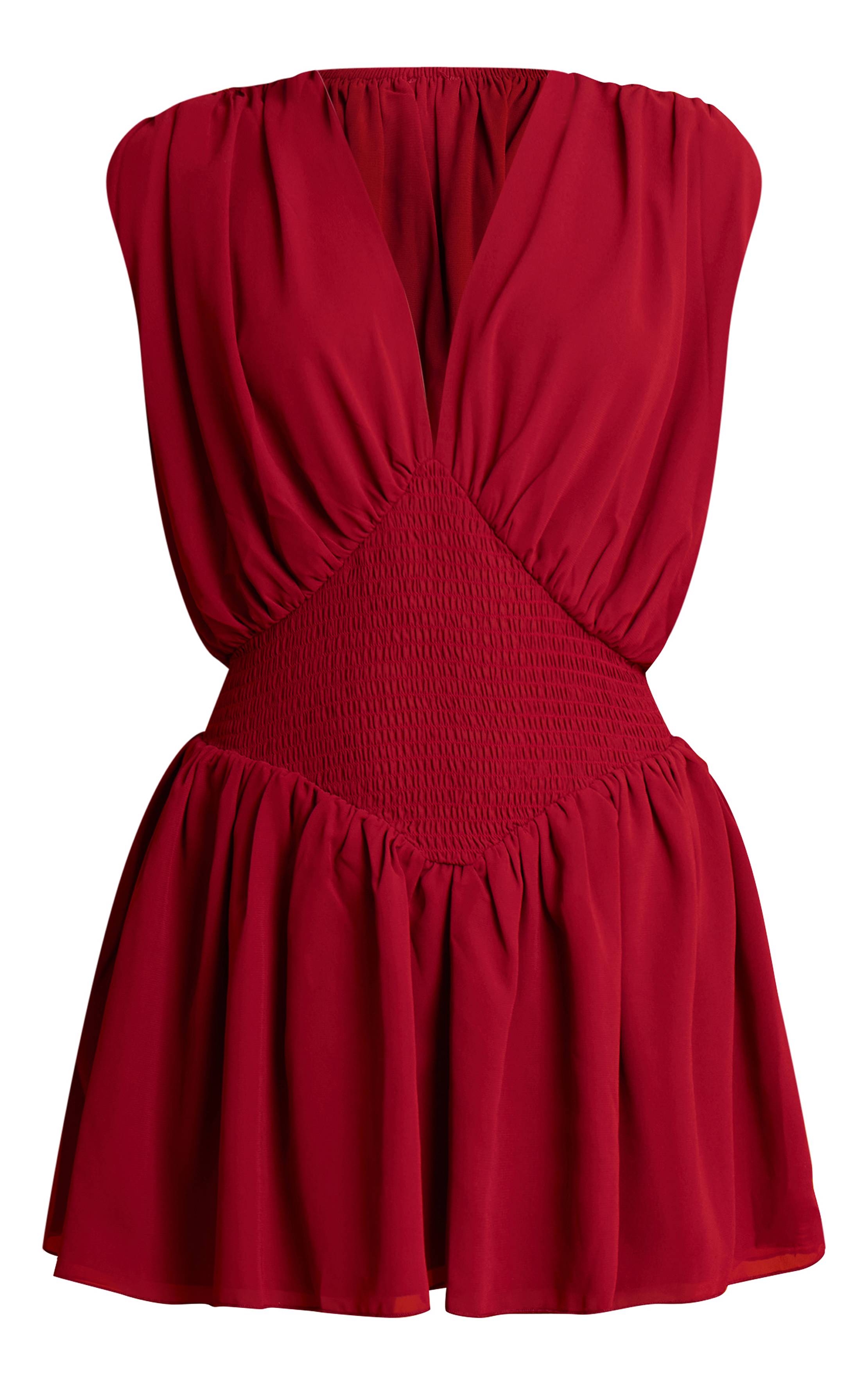 Rouge Profond Robe Mini Froncée En Mousseline