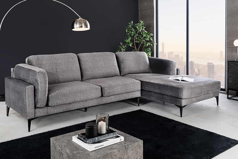 Design Ecksofa MANHATTAN 295cm dunkelgrau Samt Federkern 3-Sitzer Metallfüße
