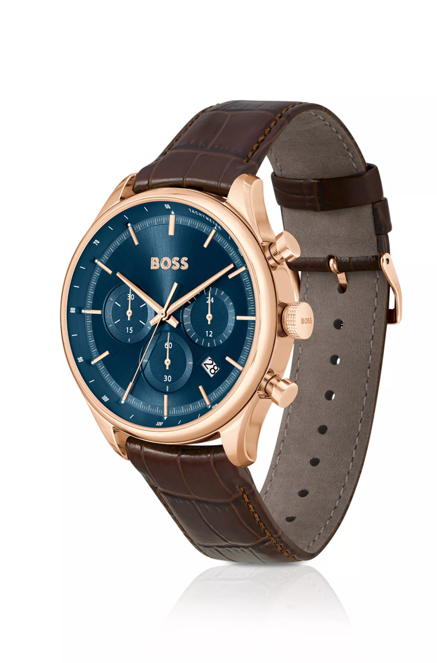 Relógio cronógrafo BOSS preto e dourado com pulseira de couro marrom.