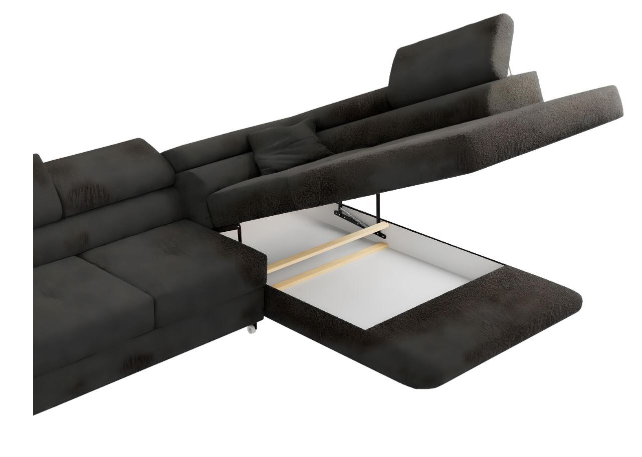 M-Punkt Wohnlandschaft Ecksofa LAGOS Samt Grau Anthrazit mit Bett Bettkasten Kopfteilverstellung Bett Sofa Schlafsofa Ottomane rechts