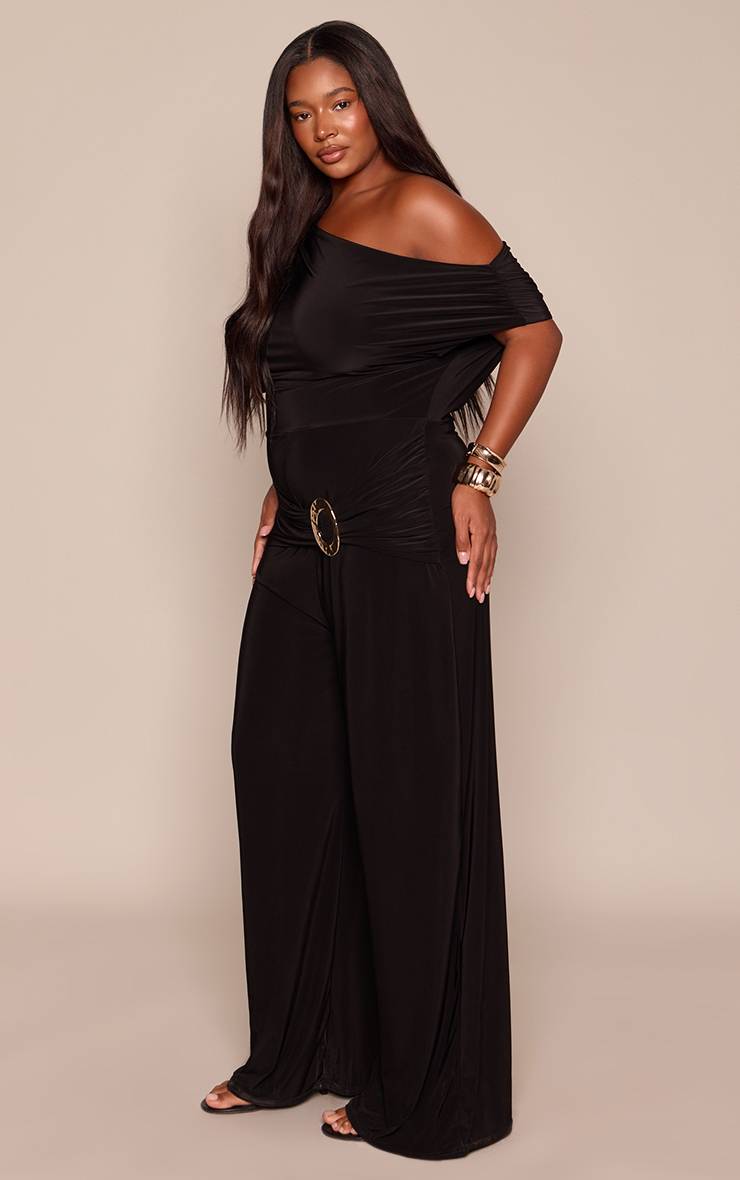 Noir Combinaison Grande Taille Jambe Large Col Asymétrique En Tissu Slinky