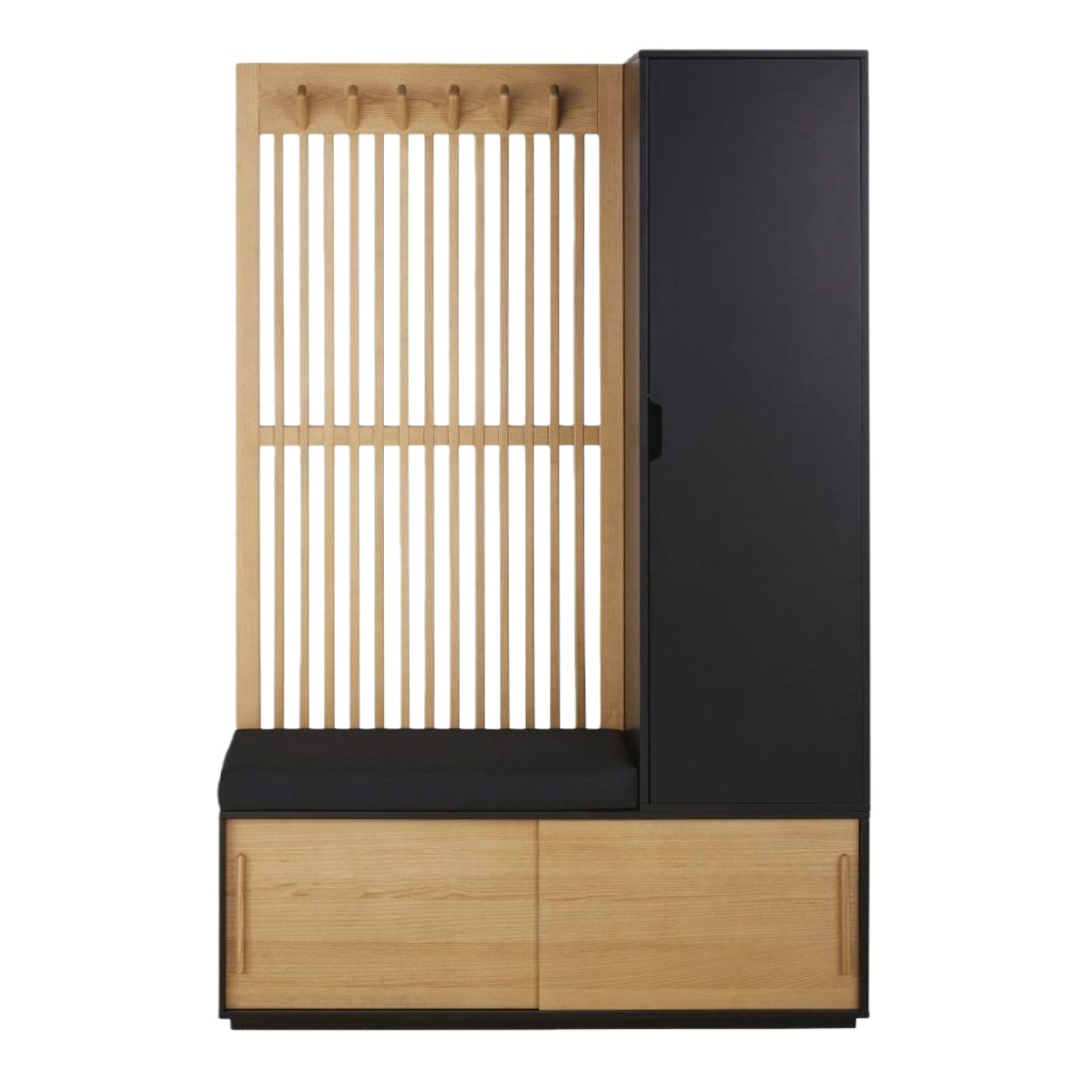 Meuble d’entrée design chêne et noir avec banc et porte-manteaux 120×40×190 cm