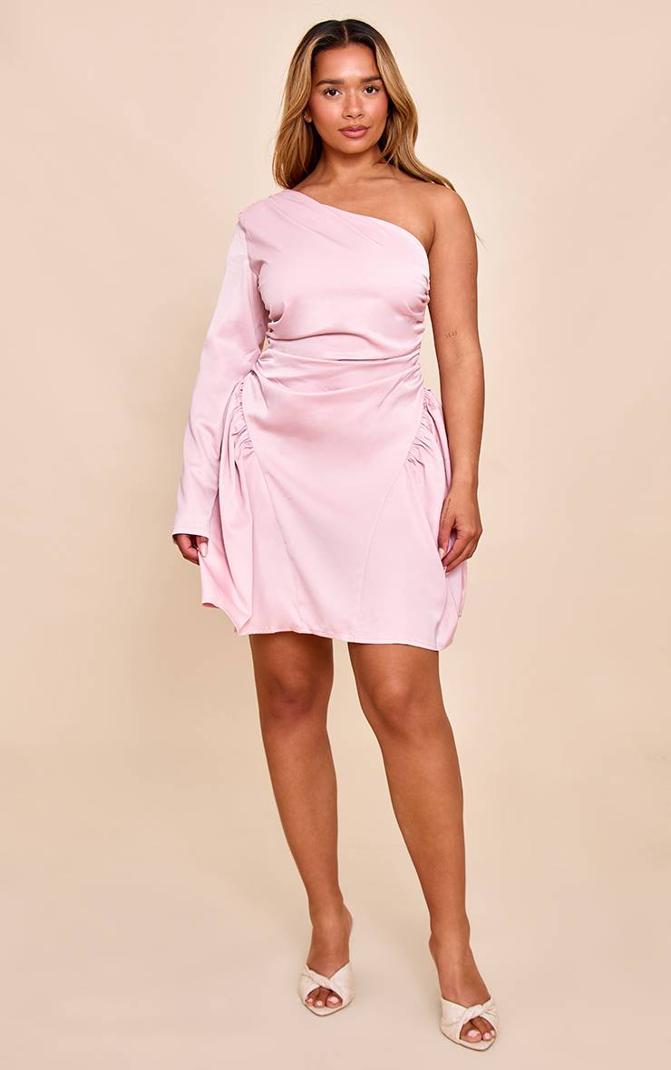Rose Robe Patineuse Mini Shape En Satin Froncé À Une Épaule